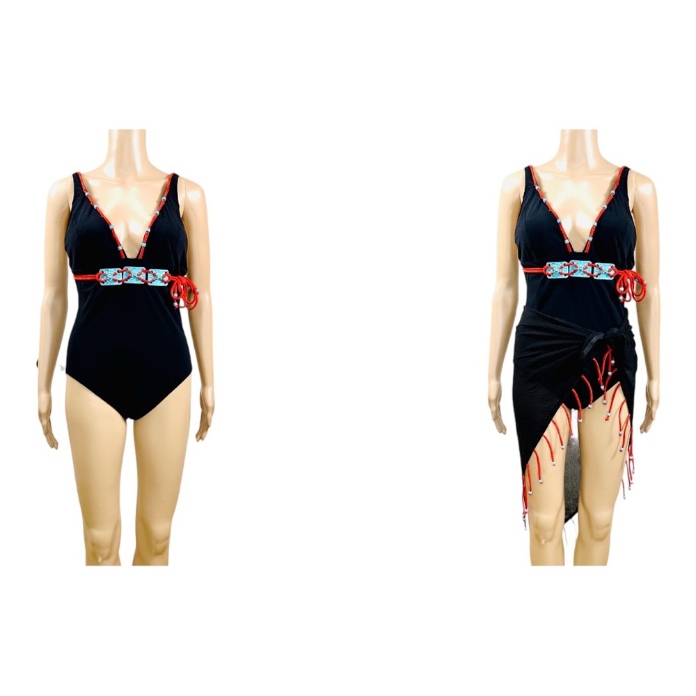 Lagouf by Silvian black one piece swimsuit & sarong, both with accents Sz L NWOT